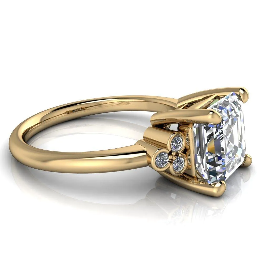 Malene Asscher Moissanite Triple Diamond Side Bezel Engagement Ring