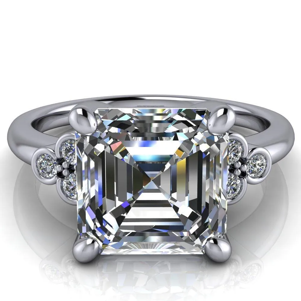 Malene Asscher Moissanite Triple Diamond Side Bezel Engagement Ring