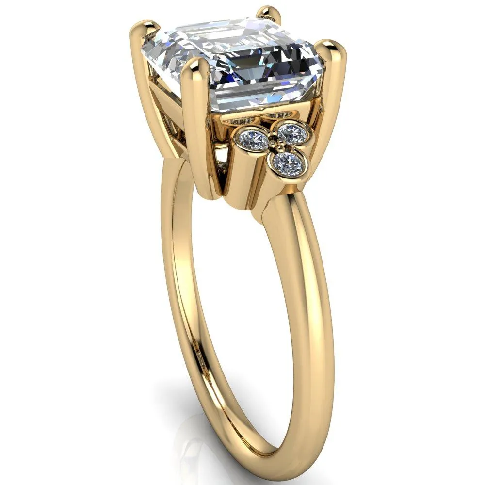 Malene Asscher Moissanite Triple Diamond Side Bezel Engagement Ring