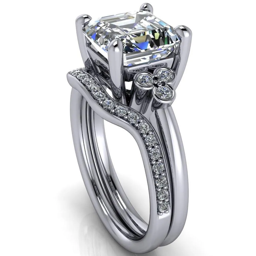 Malene Asscher Moissanite Triple Diamond Side Bezel Engagement Ring