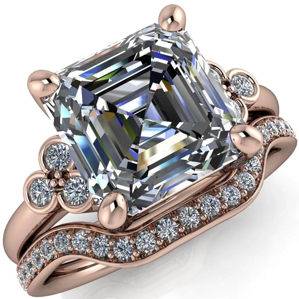 Malene Asscher Moissanite Triple Diamond Side Bezel Engagement Ring