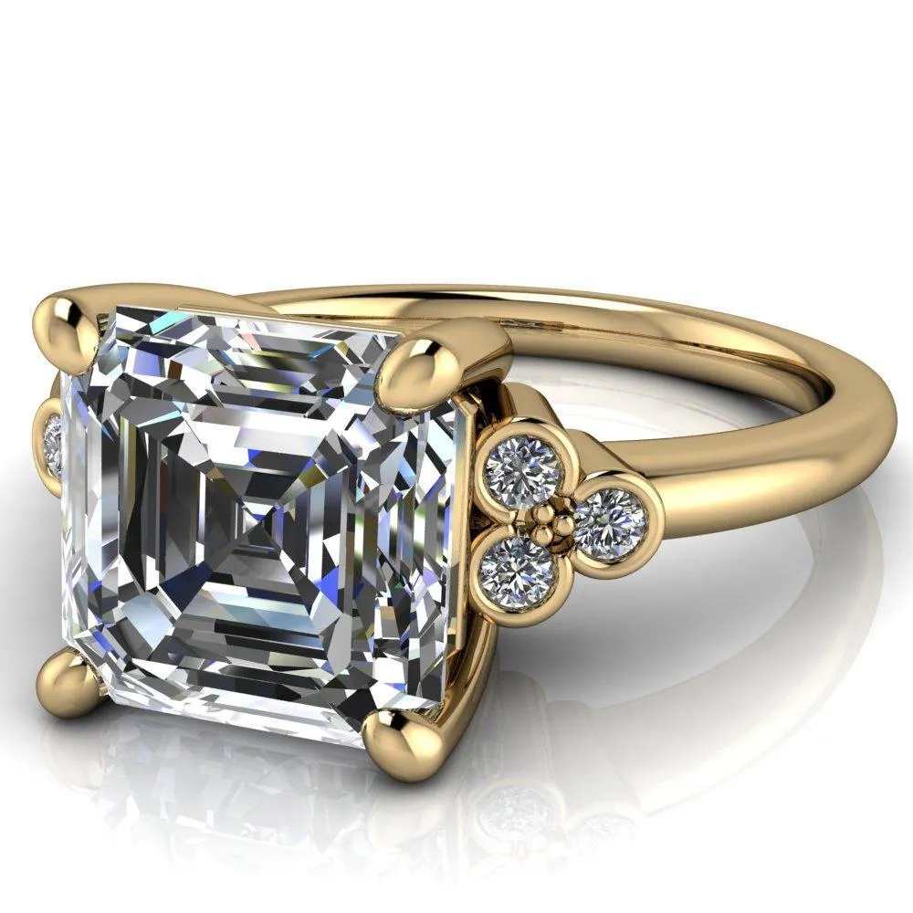 Malene Asscher Moissanite Triple Diamond Side Bezel Engagement Ring