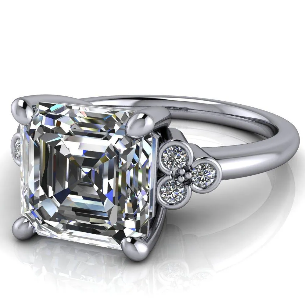 Malene Asscher Moissanite Triple Diamond Side Bezel Engagement Ring