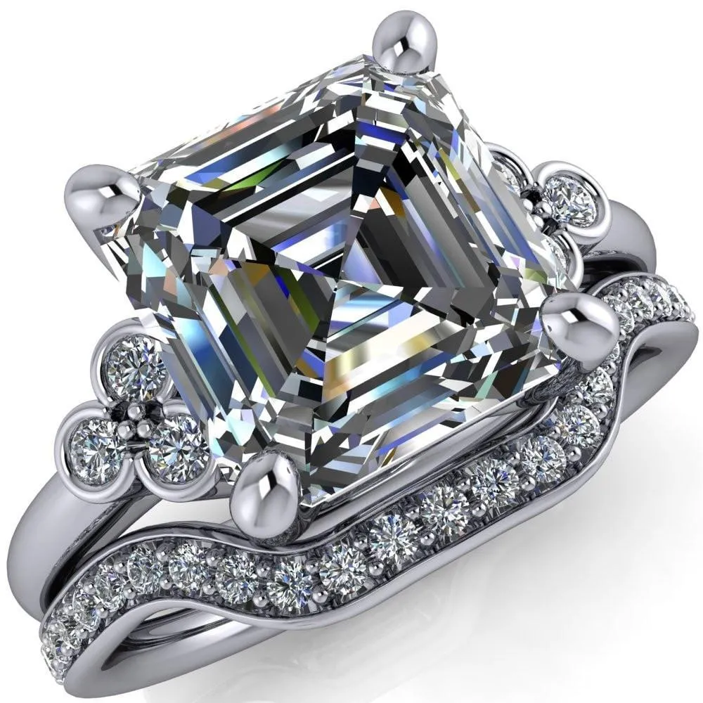 Malene Asscher Moissanite Triple Diamond Side Bezel Engagement Ring