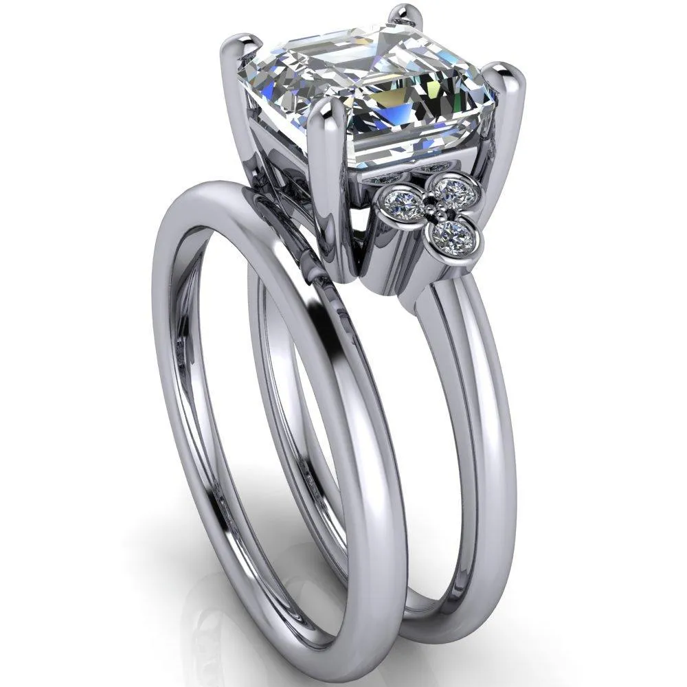 Malene Asscher Moissanite Triple Diamond Side Bezel Engagement Ring