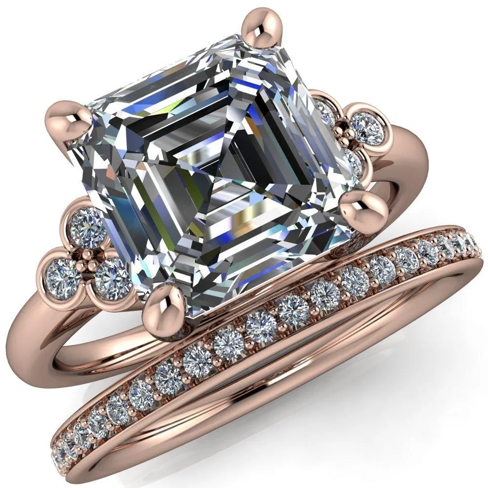 Malene Asscher Moissanite Triple Diamond Side Bezel Engagement Ring