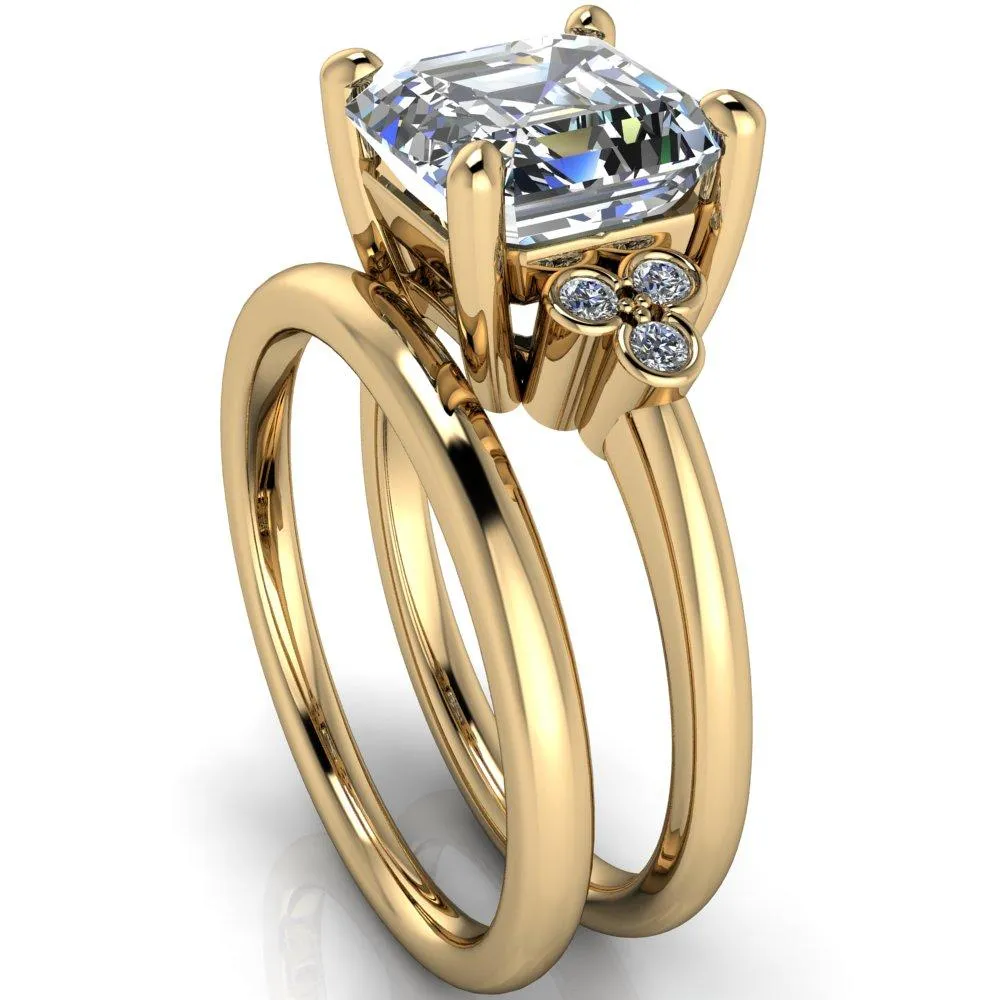 Malene Asscher Moissanite Triple Diamond Side Bezel Engagement Ring