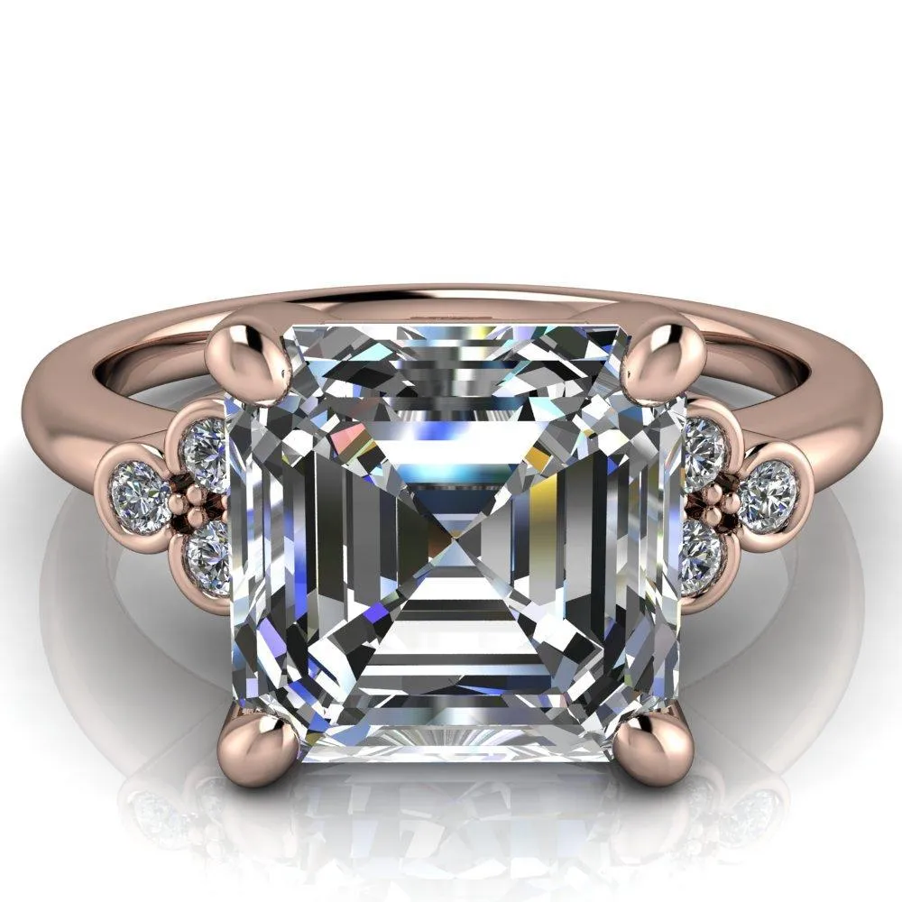 Malene Asscher Moissanite Triple Diamond Side Bezel Engagement Ring