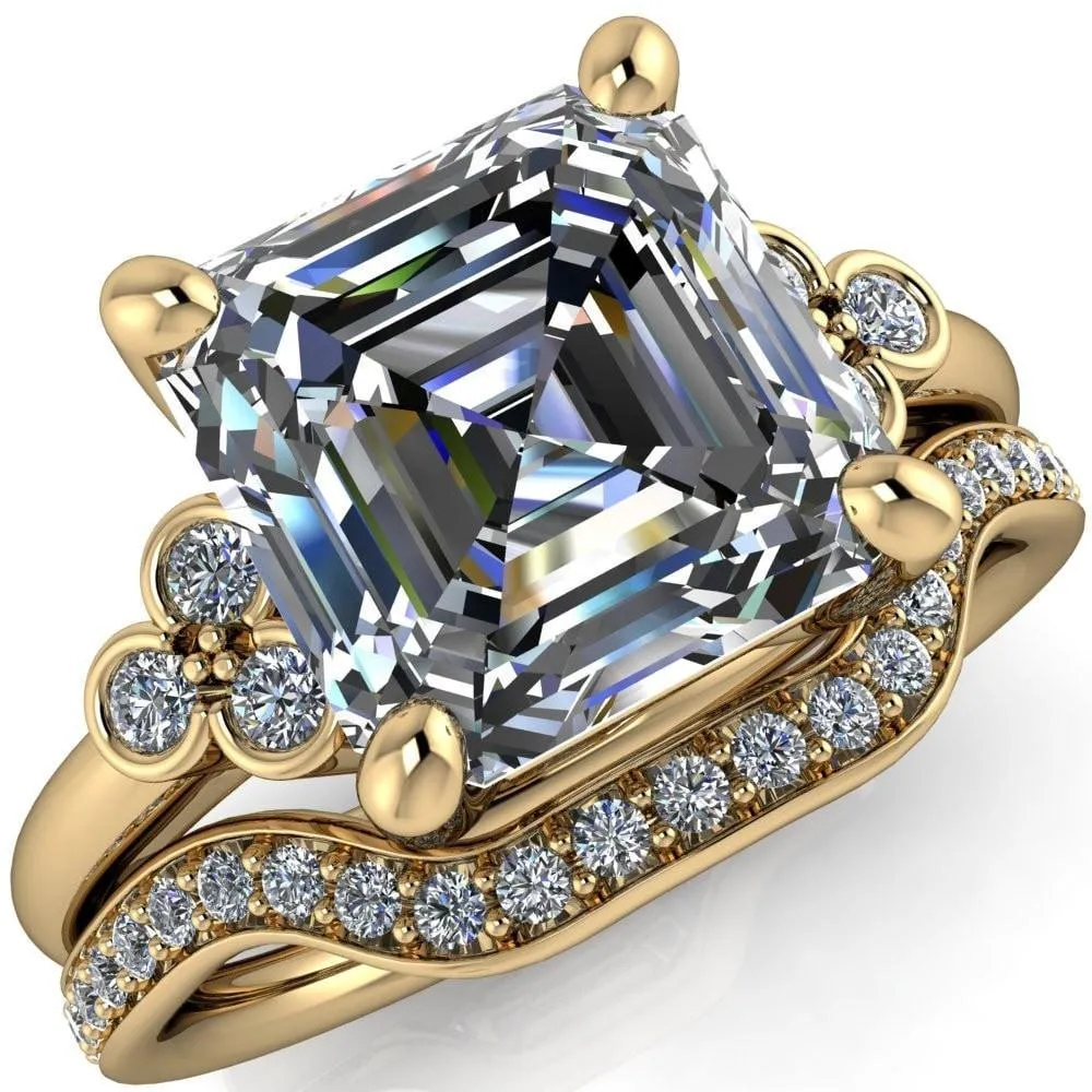 Malene Asscher Moissanite Triple Diamond Side Bezel Engagement Ring