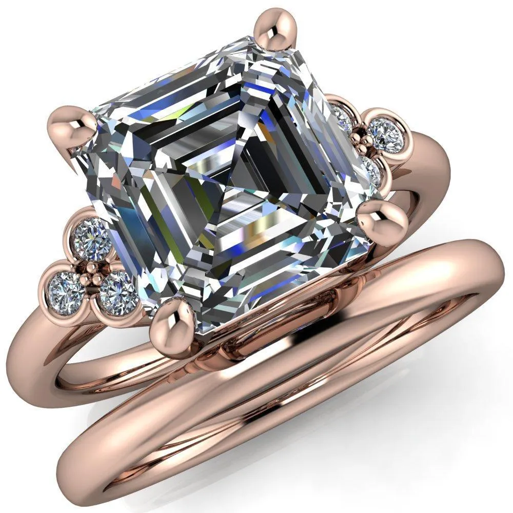 Malene Asscher Moissanite Triple Diamond Side Bezel Engagement Ring