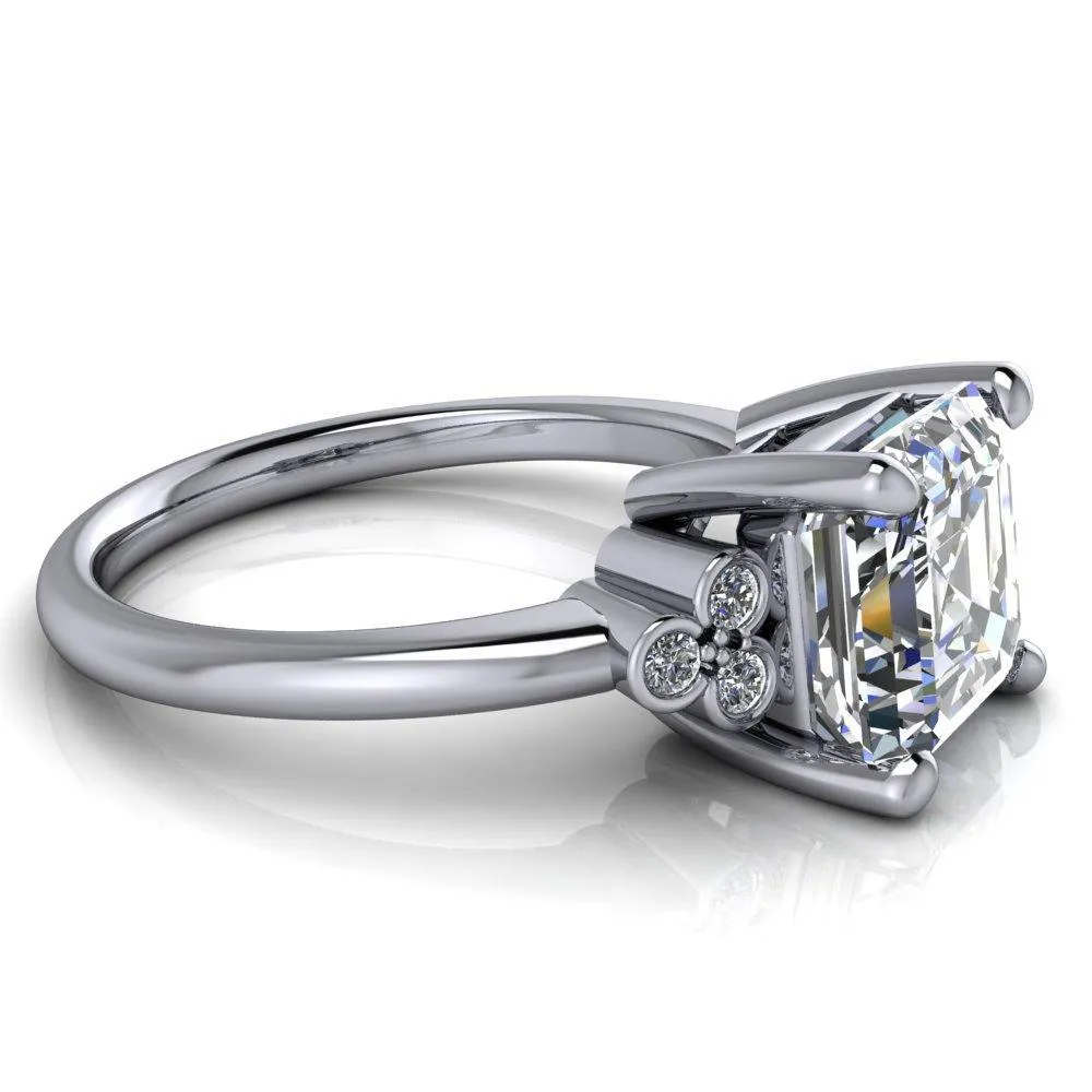 Malene Asscher Moissanite Triple Diamond Side Bezel Engagement Ring
