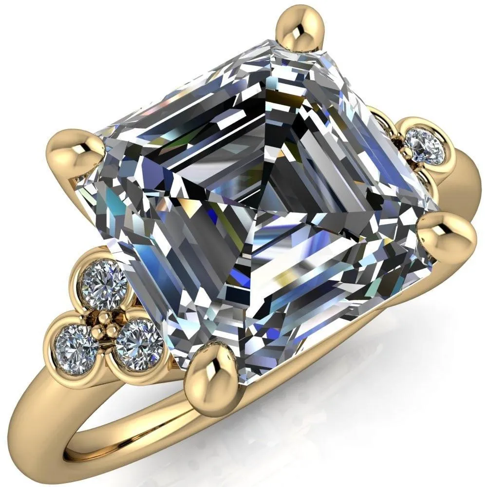 Malene Asscher Moissanite Triple Diamond Side Bezel Engagement Ring