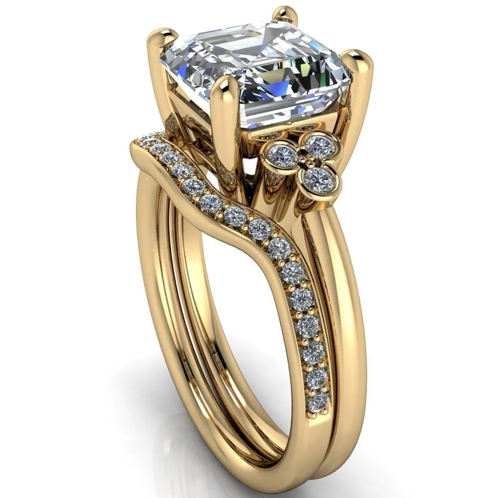 Malene Asscher Moissanite Triple Diamond Side Bezel Engagement Ring
