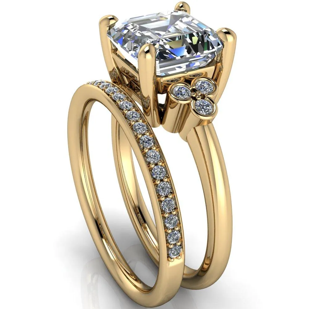Malene Asscher Moissanite Triple Diamond Side Bezel Engagement Ring