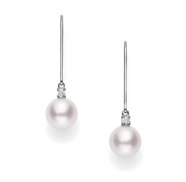 Mikimoto 18K White Gold Diamond Akoya 7mm Pearl Drop Earrings