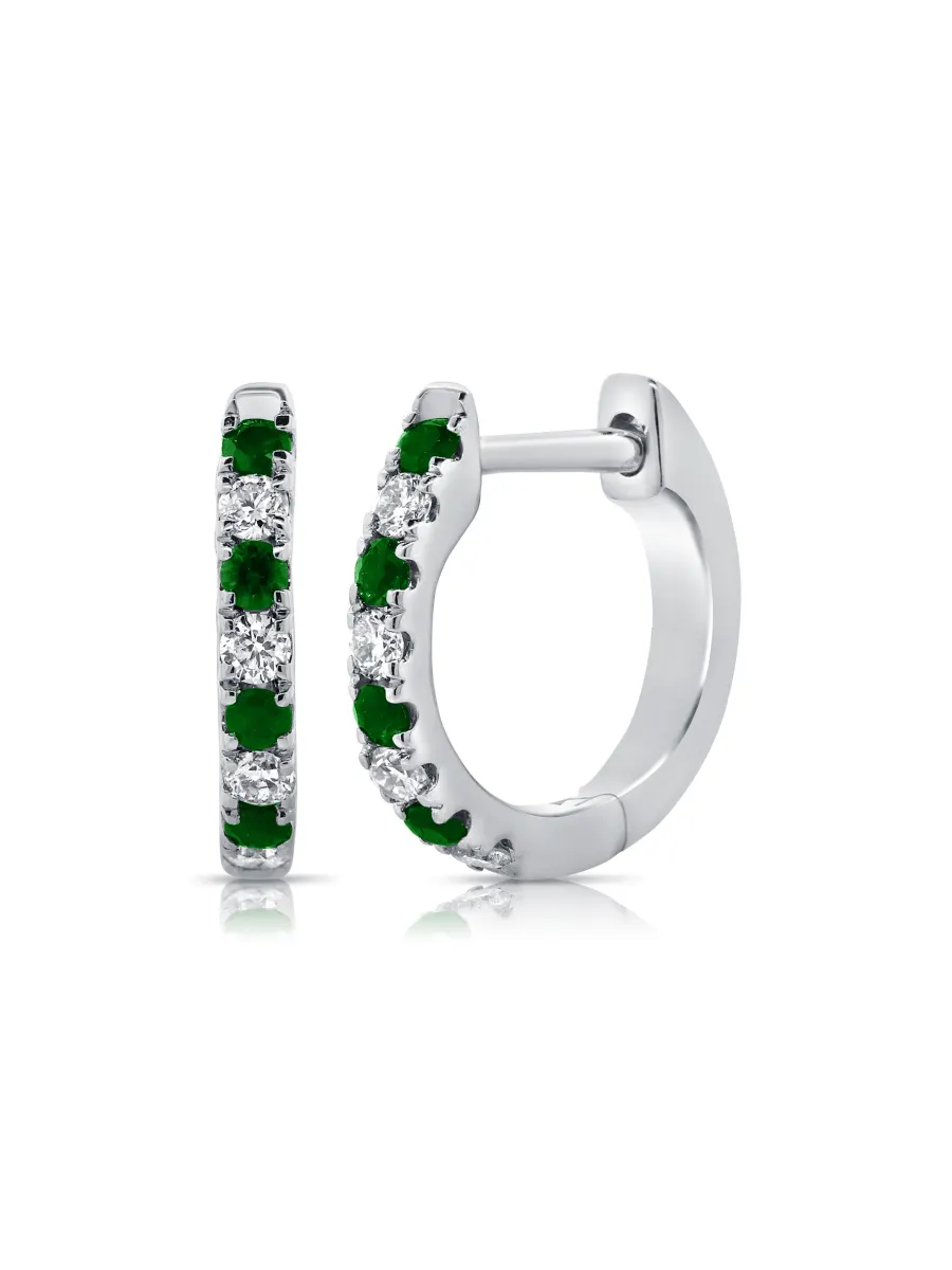Mini Emerald and Diamond Huggie 14K