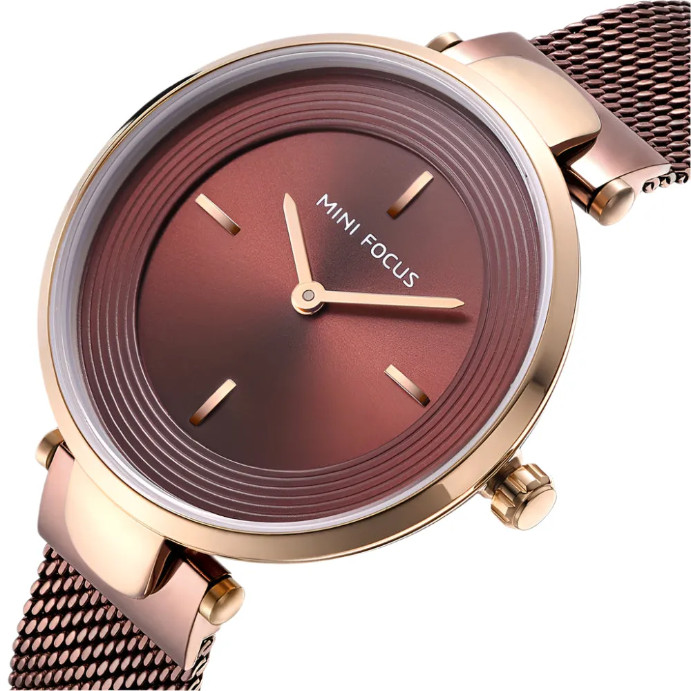 Mini Focus Rose Gold Mesh Bracelet Red Dial Quartz Watch for Ladies - MF0195L-05