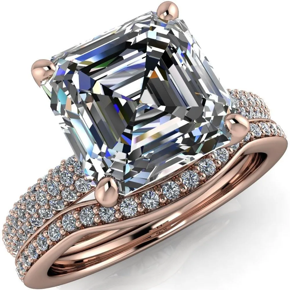 Moreaux Asscher Moissanite 4 Prong Half-Round Shank Engagement Ring