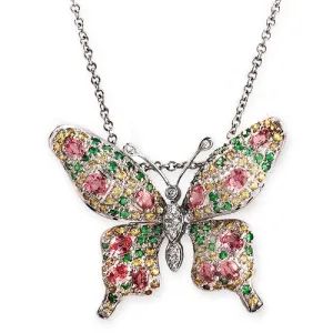 Multicolor Gems with Diamonds on a Butterfly Pendant Necklace made in 18k White Gold