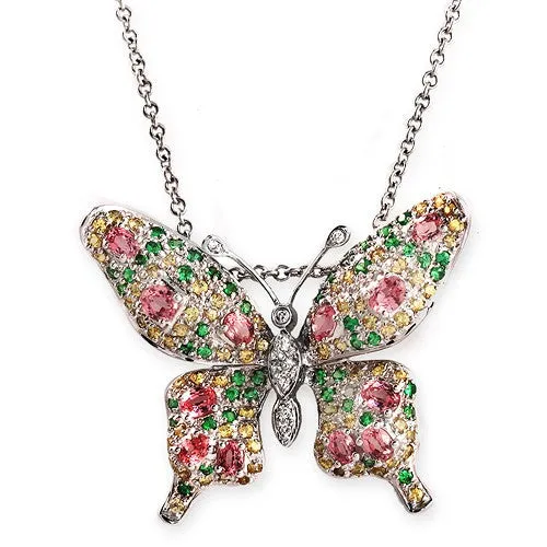 Multicolor Gems with Diamonds on a Butterfly Pendant Necklace made in 18k White Gold