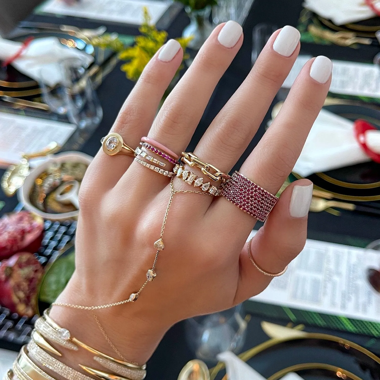 Multiple Fancy Shape Bezels Hand Chain Bracelet