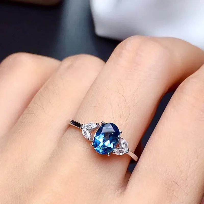 Natural Blue Topaz Engagement Ring S925 Sterling Silver Women Jewelry