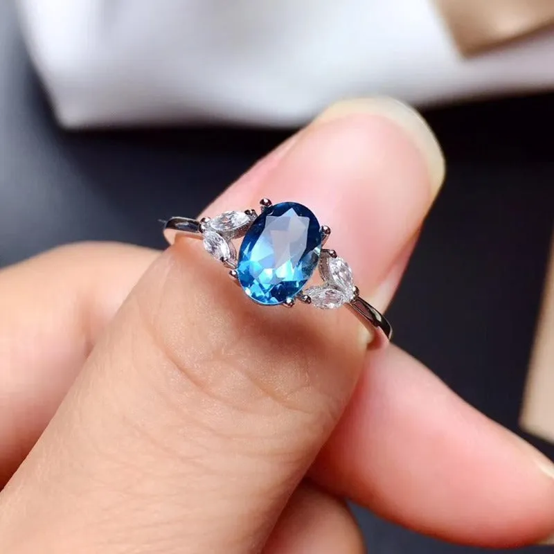 Natural Blue Topaz Engagement Ring S925 Sterling Silver Women Jewelry