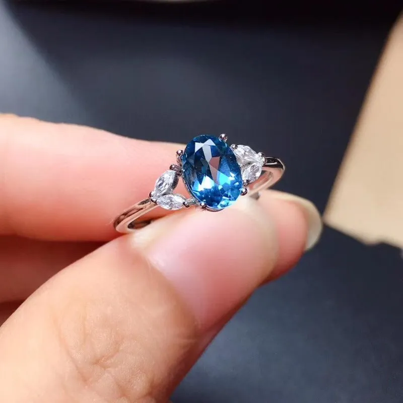 Natural Blue Topaz Engagement Ring S925 Sterling Silver Women Jewelry