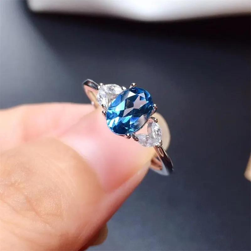 Natural Blue Topaz Engagement Ring S925 Sterling Silver Women Jewelry