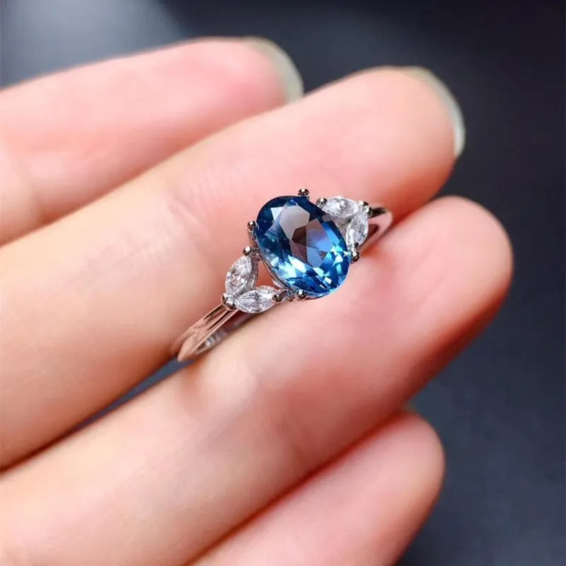 Natural Blue Topaz Engagement Ring S925 Sterling Silver Women Jewelry