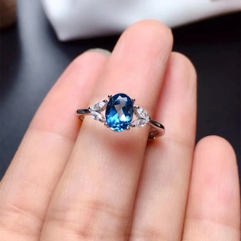Natural Blue Topaz Engagement Ring S925 Sterling Silver Women Jewelry