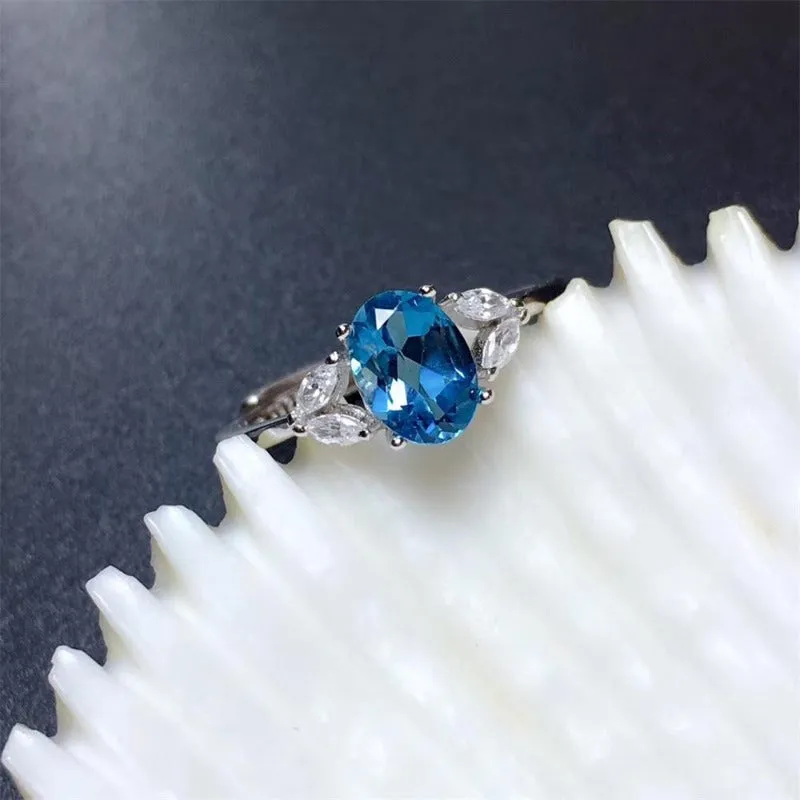 Natural Blue Topaz Engagement Ring S925 Sterling Silver Women Jewelry