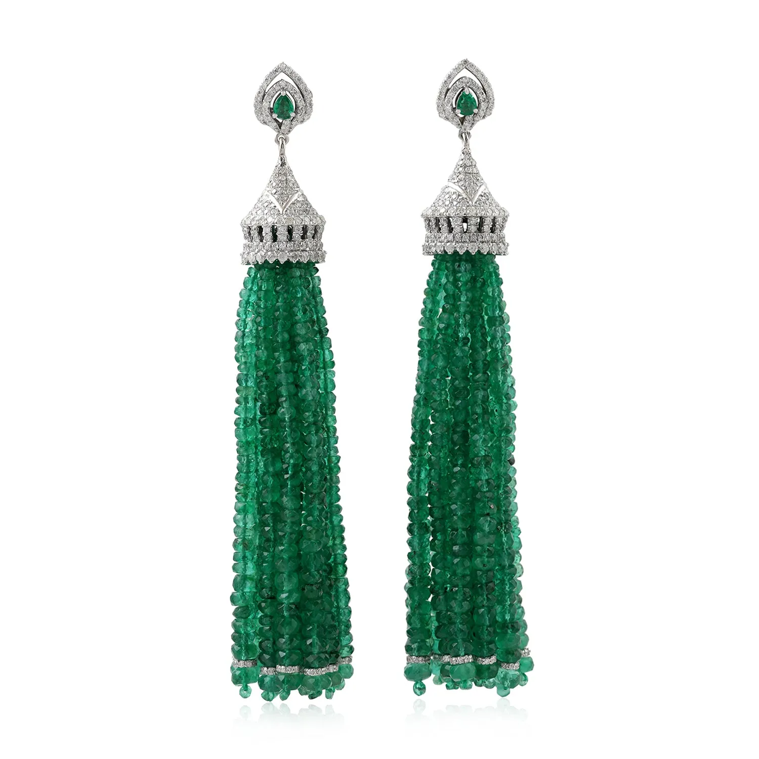 Natural Emerald Beads Tassel Earrings 18K White Gold Diamond Jewelry