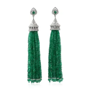 Natural Emerald Beads Tassel Earrings 18K White Gold Diamond Jewelry