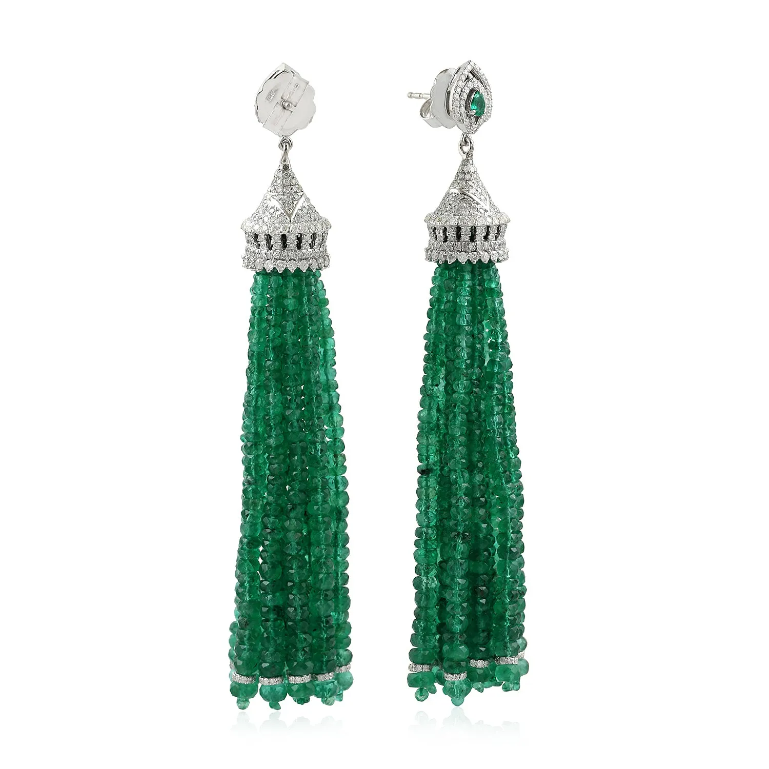 Natural Emerald Beads Tassel Earrings 18K White Gold Diamond Jewelry