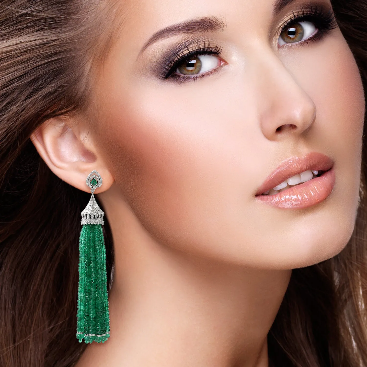 Natural Emerald Beads Tassel Earrings 18K White Gold Diamond Jewelry
