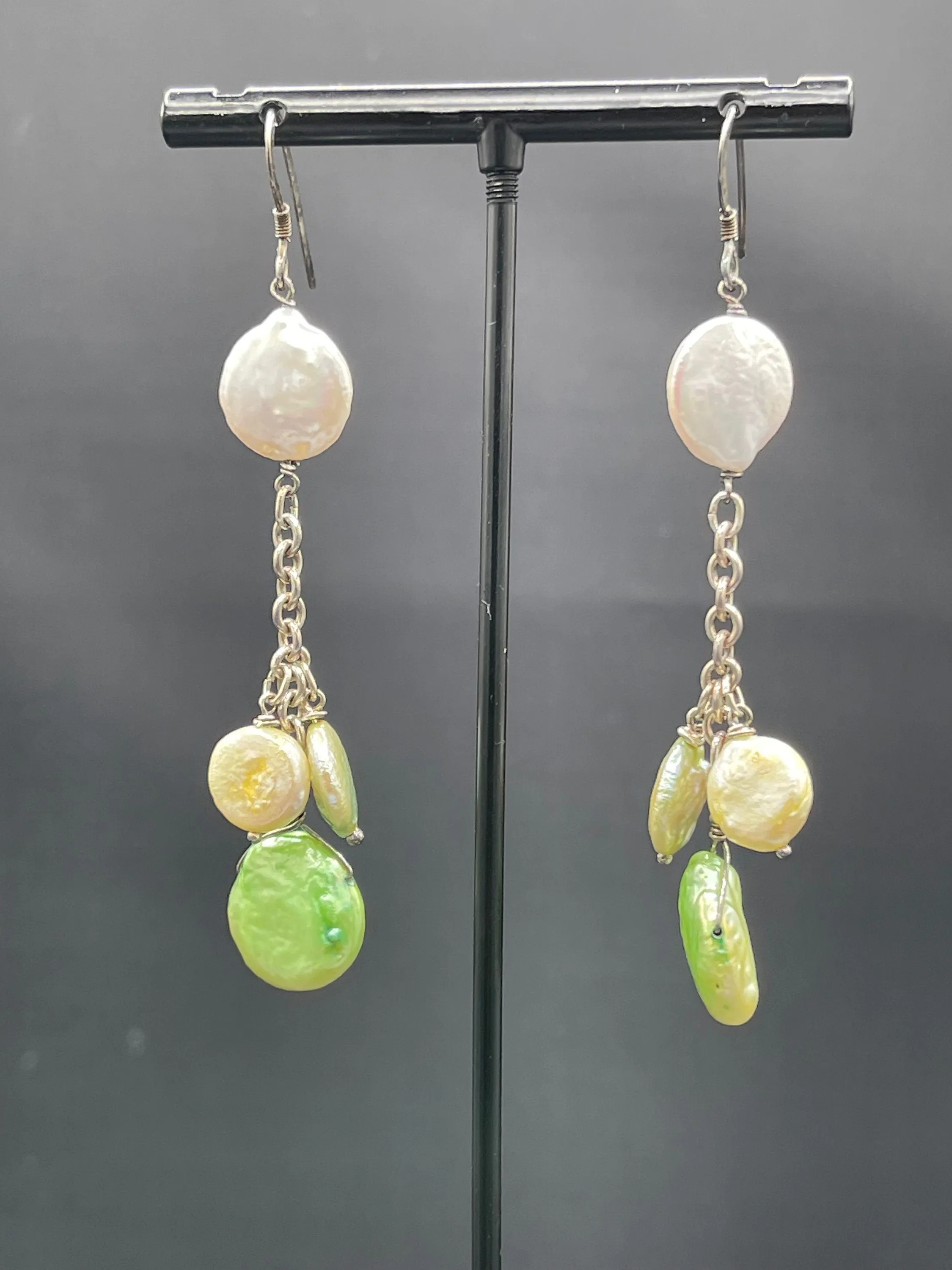 Natural Freshwater Coin Pearl Sterling Silver Dangle Earrings