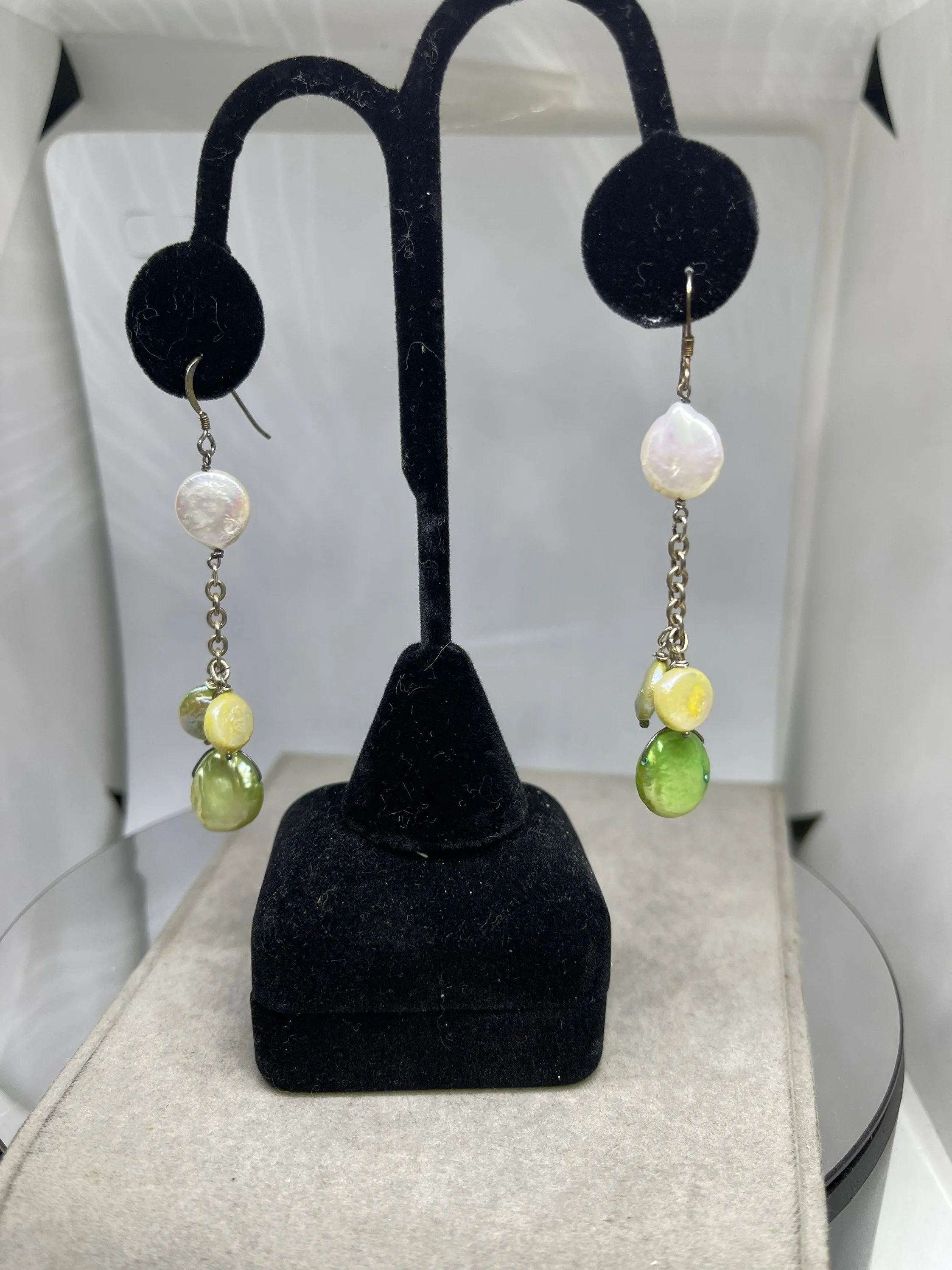Natural Freshwater Coin Pearl Sterling Silver Dangle Earrings