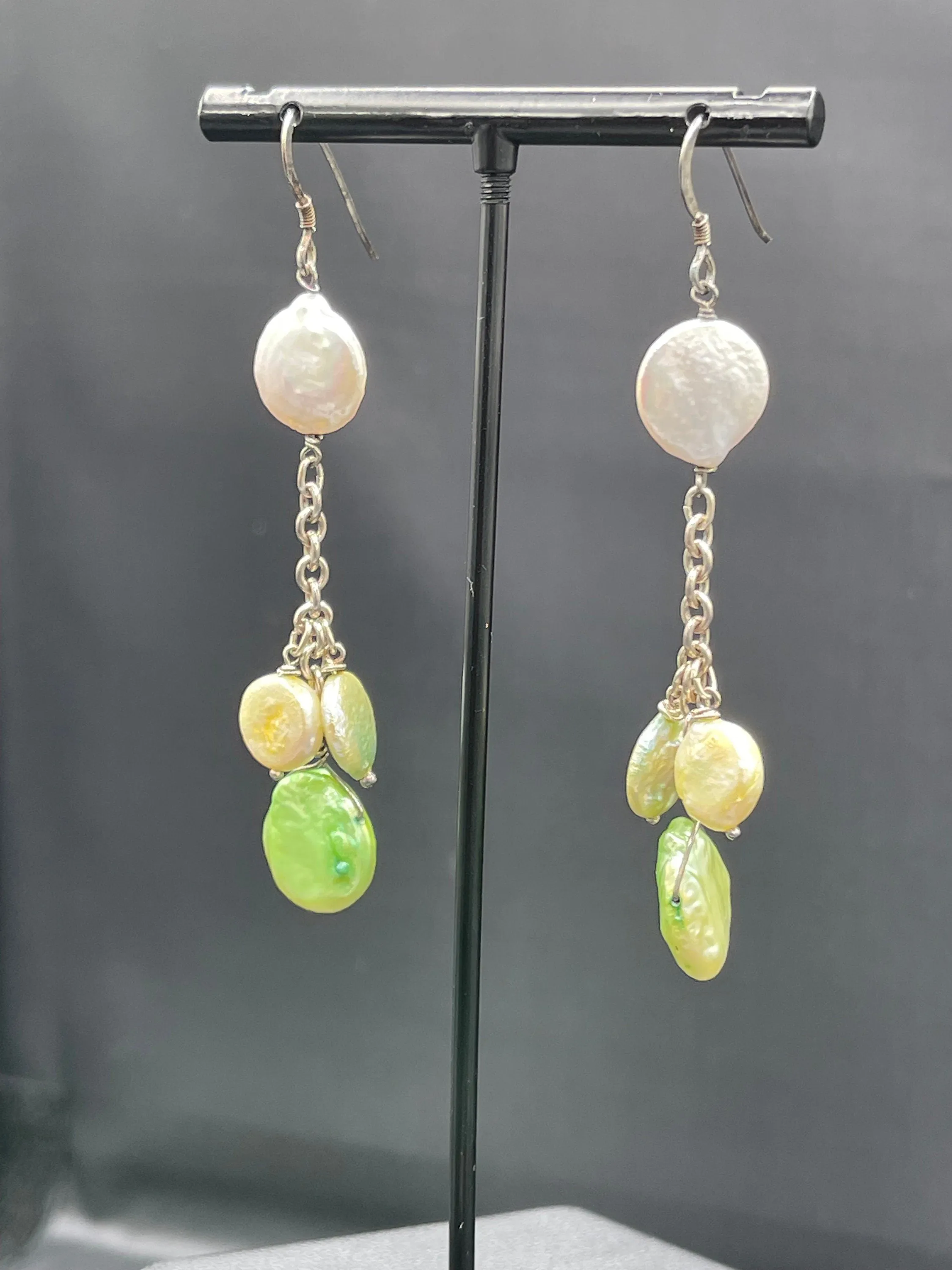 Natural Freshwater Coin Pearl Sterling Silver Dangle Earrings