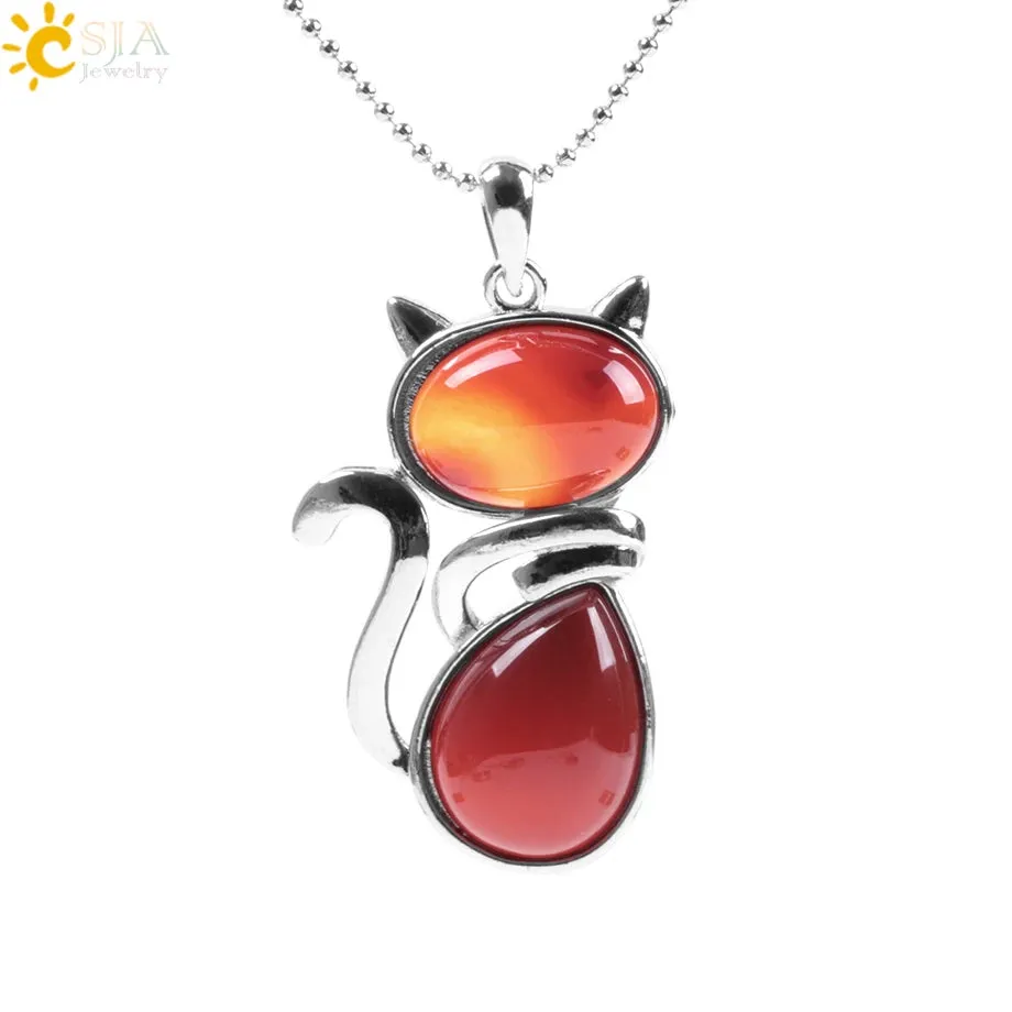 Natural Stone Necklaces Pink Quartz Pendants for Women Girl Cute Cat Shape Rock Black Onyx Beads Chain Jewelry
