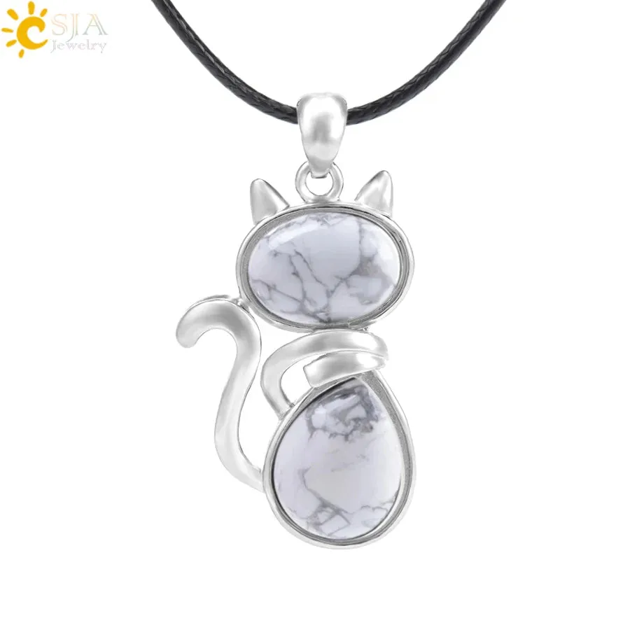 Natural Stone Necklaces Pink Quartz Pendants for Women Girl Cute Cat Shape Rock Black Onyx Beads Chain Jewelry