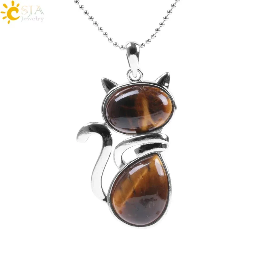 Natural Stone Necklaces Pink Quartz Pendants for Women Girl Cute Cat Shape Rock Black Onyx Beads Chain Jewelry