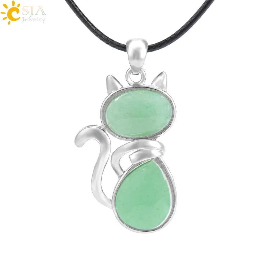 Natural Stone Necklaces Pink Quartz Pendants for Women Girl Cute Cat Shape Rock Black Onyx Beads Chain Jewelry