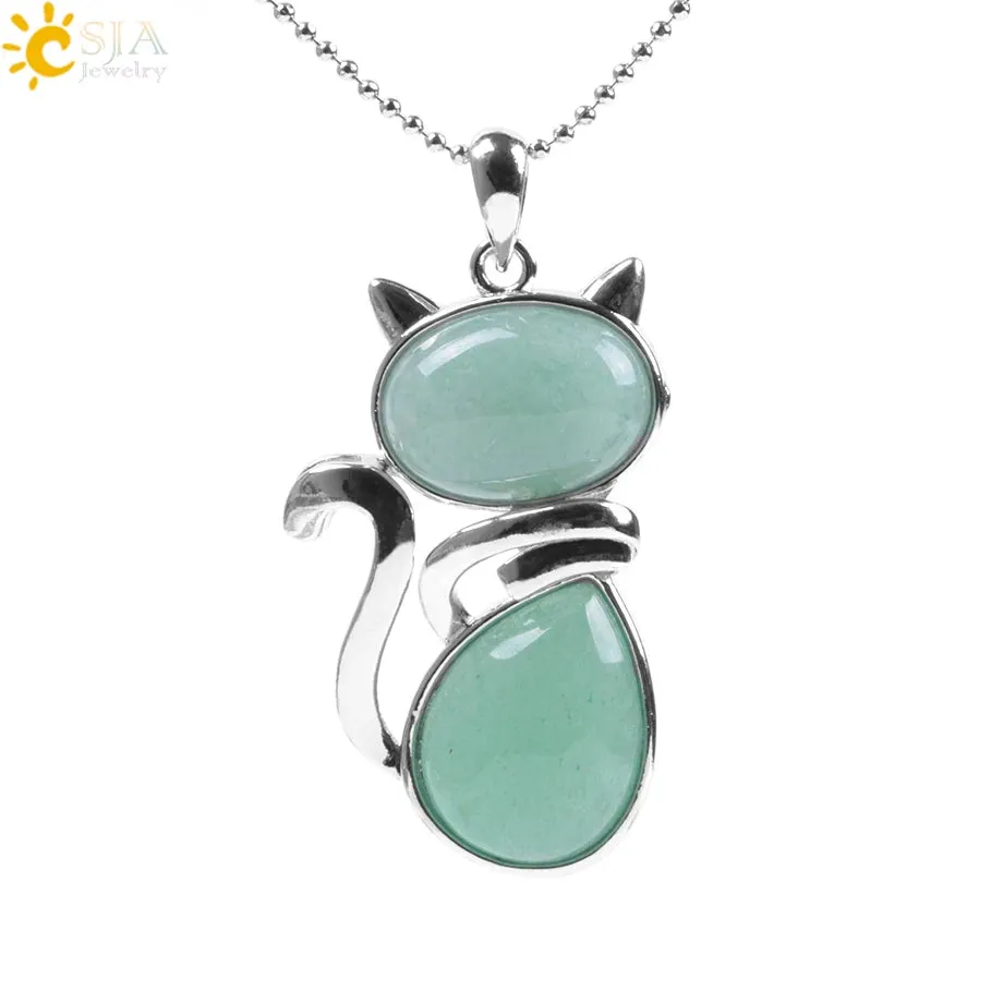 Natural Stone Necklaces Pink Quartz Pendants for Women Girl Cute Cat Shape Rock Black Onyx Beads Chain Jewelry