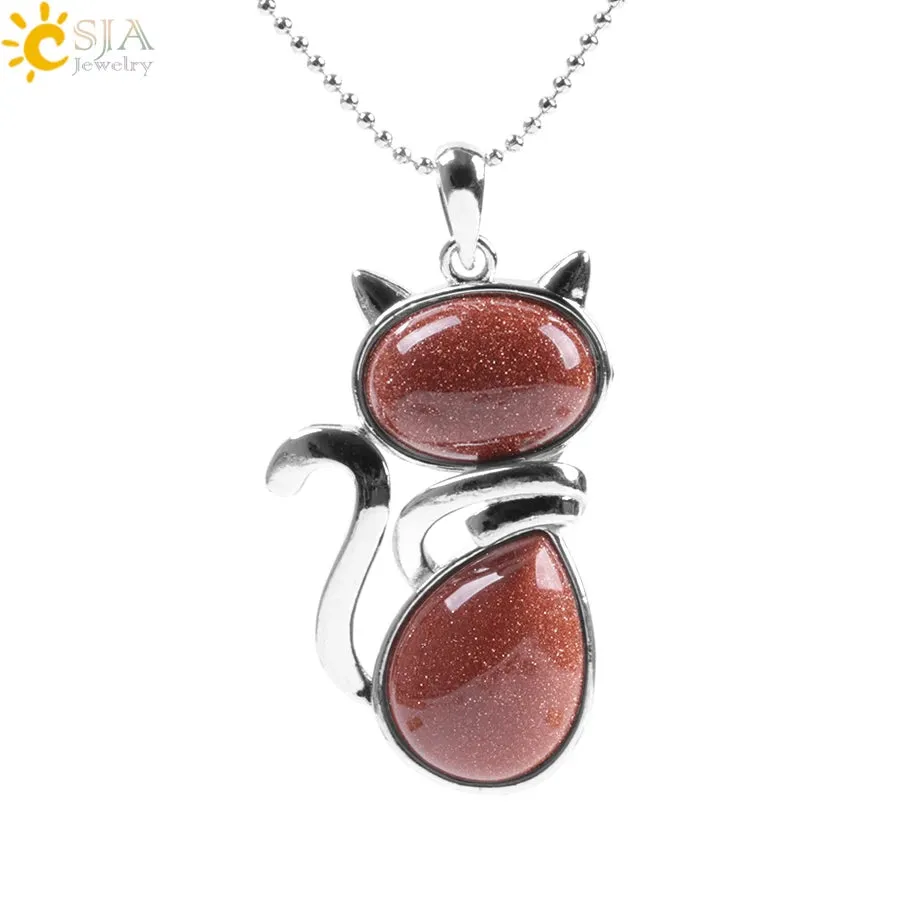 Natural Stone Necklaces Pink Quartz Pendants for Women Girl Cute Cat Shape Rock Black Onyx Beads Chain Jewelry