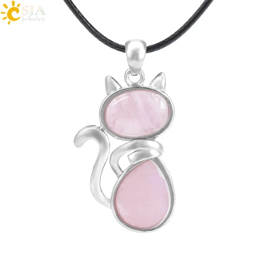 Natural Stone Necklaces Pink Quartz Pendants for Women Girl Cute Cat Shape Rock Black Onyx Beads Chain Jewelry