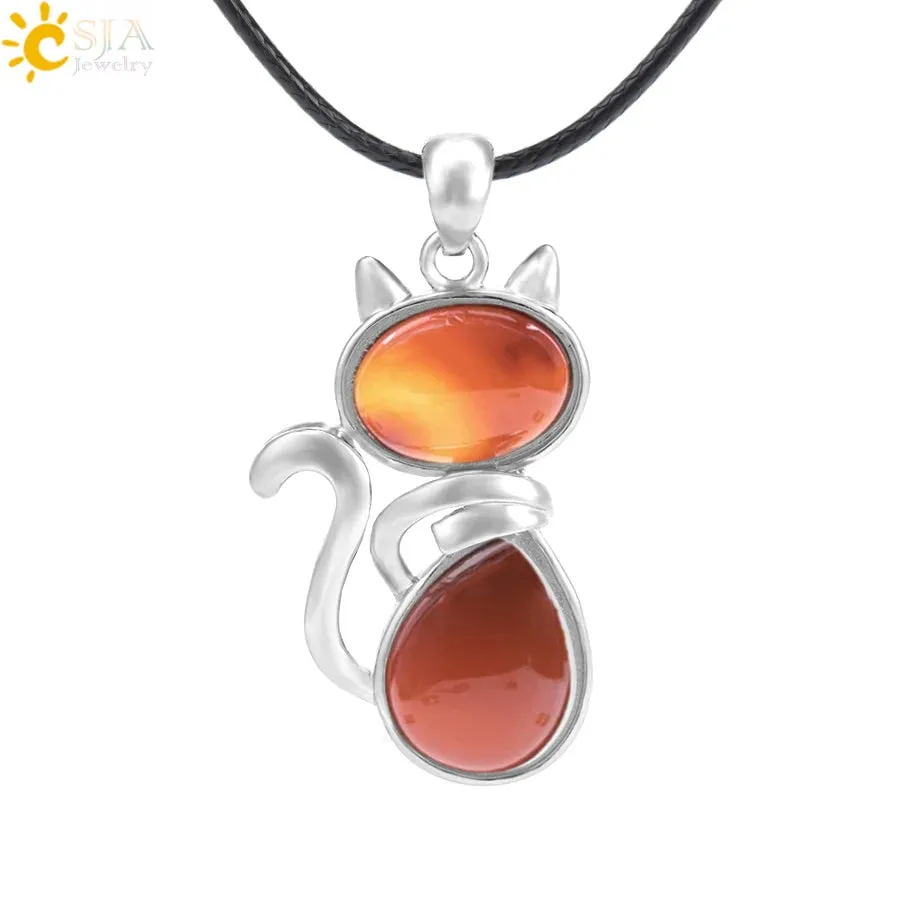 Natural Stone Necklaces Pink Quartz Pendants for Women Girl Cute Cat Shape Rock Black Onyx Beads Chain Jewelry
