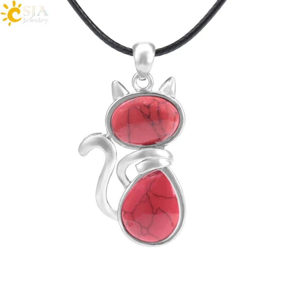 Natural Stone Necklaces Pink Quartz Pendants for Women Girl Cute Cat Shape Rock Black Onyx Beads Chain Jewelry