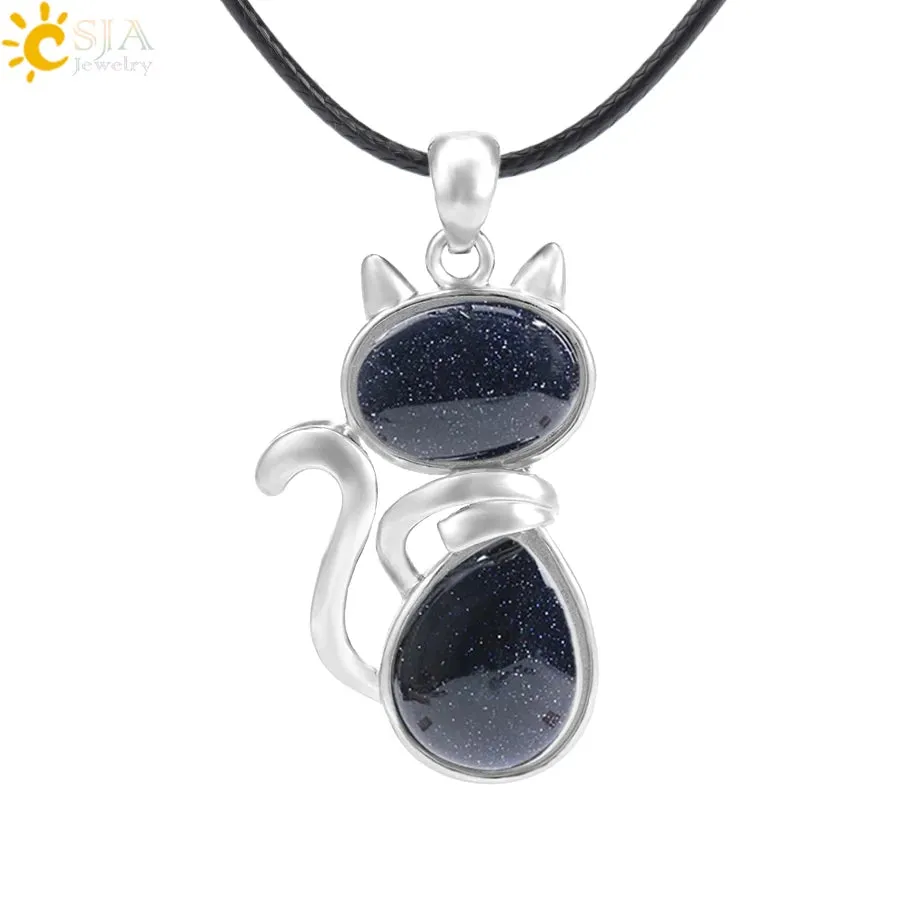 Natural Stone Necklaces Pink Quartz Pendants for Women Girl Cute Cat Shape Rock Black Onyx Beads Chain Jewelry