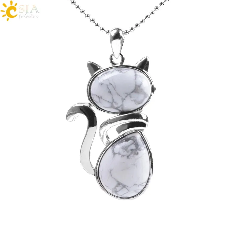 Natural Stone Necklaces Pink Quartz Pendants for Women Girl Cute Cat Shape Rock Black Onyx Beads Chain Jewelry